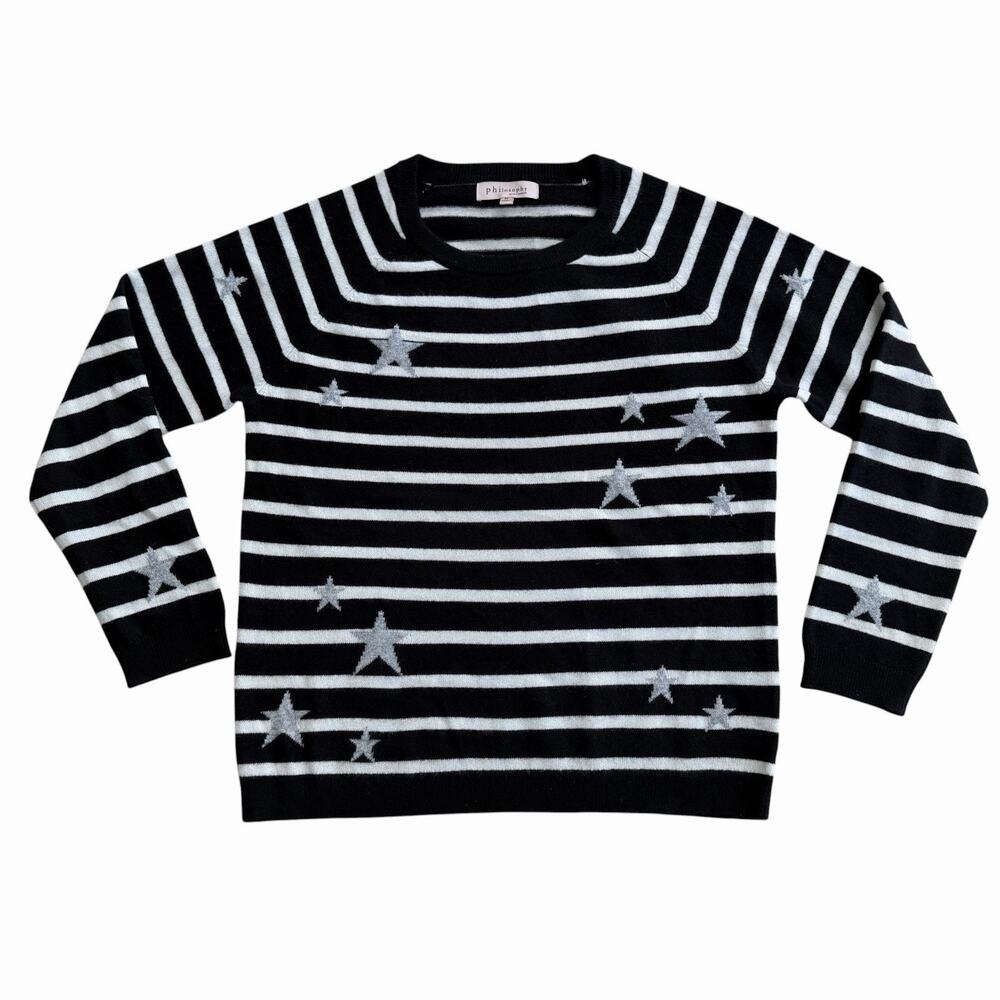 Philosophy By Republic Women Pullover Sweater Black Cashmere Striped Stars XL